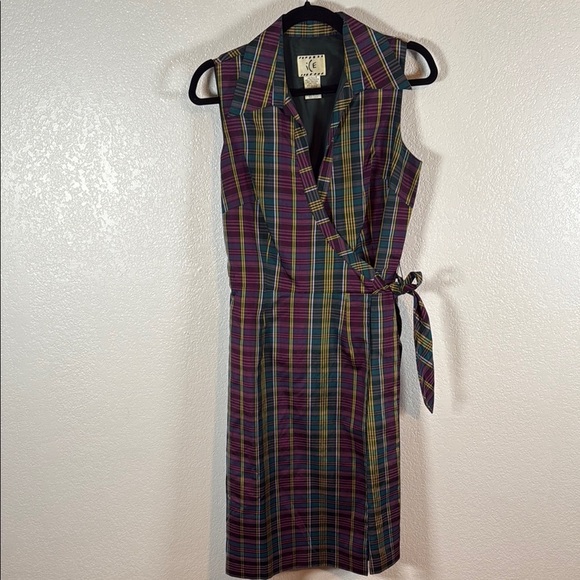 ICE Plaid Silk Collared True Wrap Dress Size 6 - Picture 1 of 6